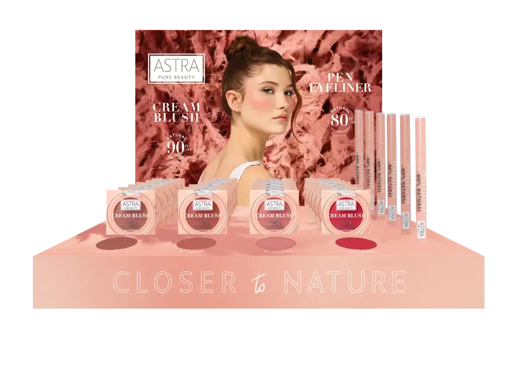Astra Pure Beauty Counter display Cream Blush + Pen Eyeliner GEVULD