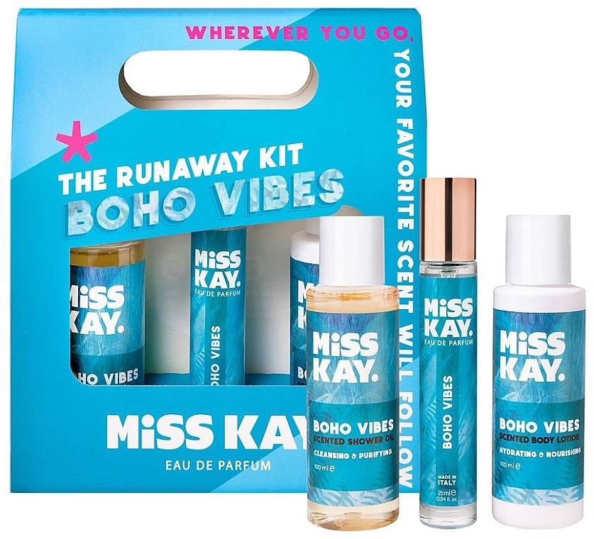 Miss Kay. The Runaway Set - Boho Vibes (Body Care kit) 1 x 25ml
2 x 100ml